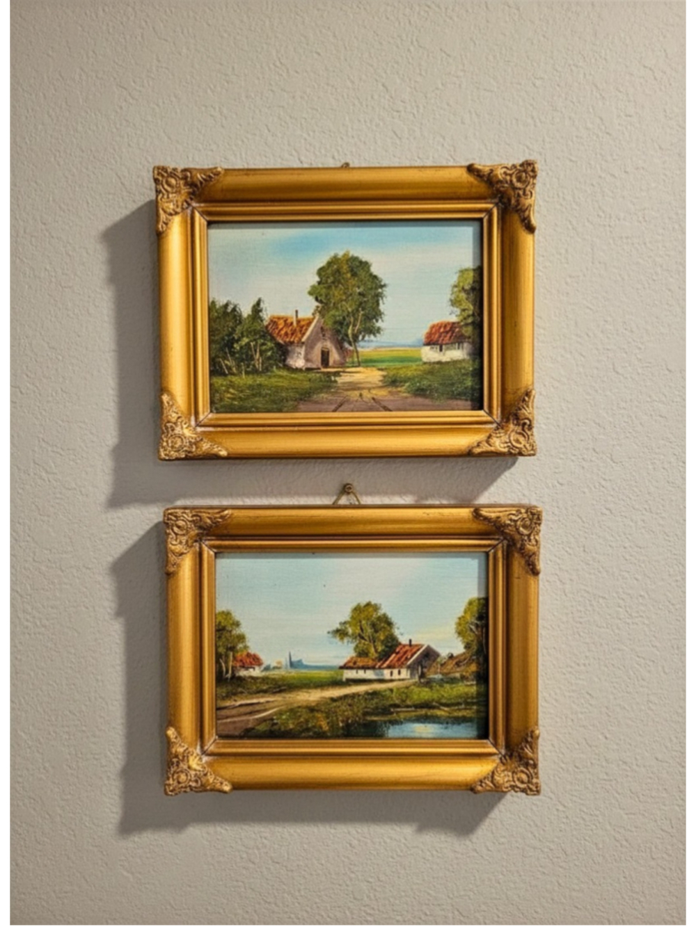 Vintage Set Of 2 Painting by H. Wester of a Charming Dutch Holland Farm